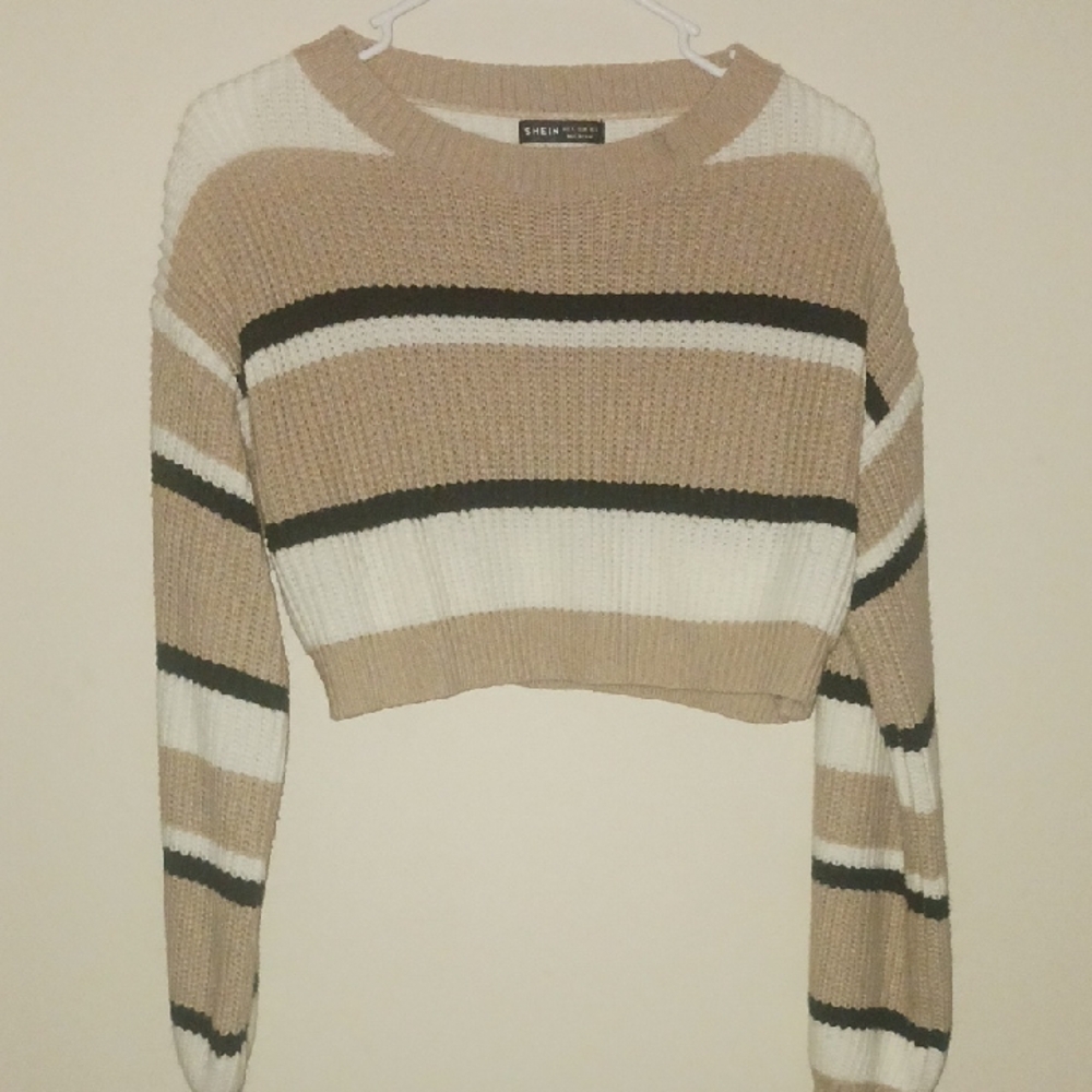 Shein Striped Cropped Sweater - Tan and White